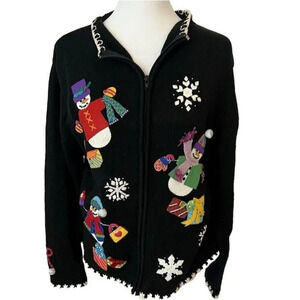 Vintage Talya Medium Ugly Sweater Christmas Full Zip Snowmen Grandma Core Y2K‎